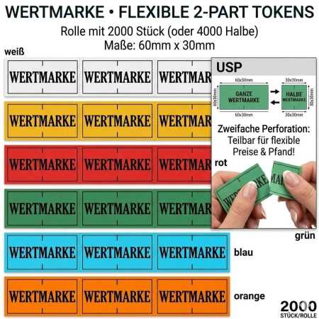 Wertmarken - teilbar - 2000 Stück/Rolle - verschiedene Farben