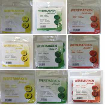 Wertmarken-Chips "Getränke, Essen, Pfand" - 100 Stück - Farbe: rot, gelb oder grün