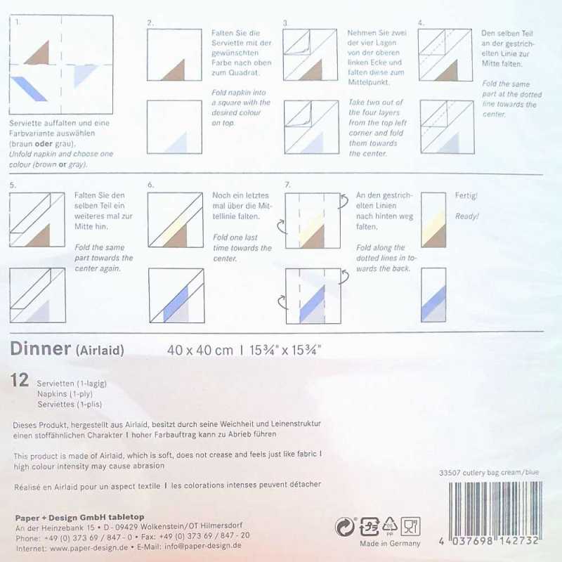 Origamiservietten "Bestecktasche" - creme/blau - 40 x 40 cm - 1/4-falz -1-lagig (Airlaid) - mit Faltanleitung  -12 Stück